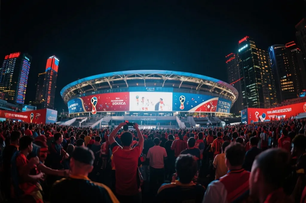 世界杯球迷在大型现代球场外聚集的热烈场景