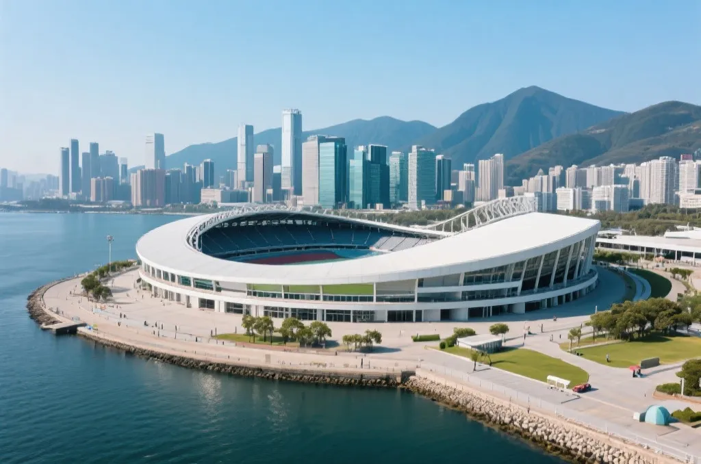 加拿大温哥华海滨体育馆远景，依山傍水的都市风光